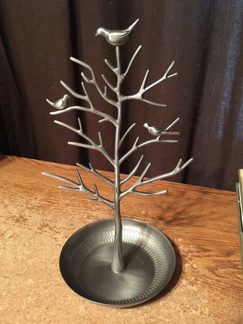 SILVER METAL 12" JEWELRY TREE BRANCHES BIRDS TRAY TRINKET DISH